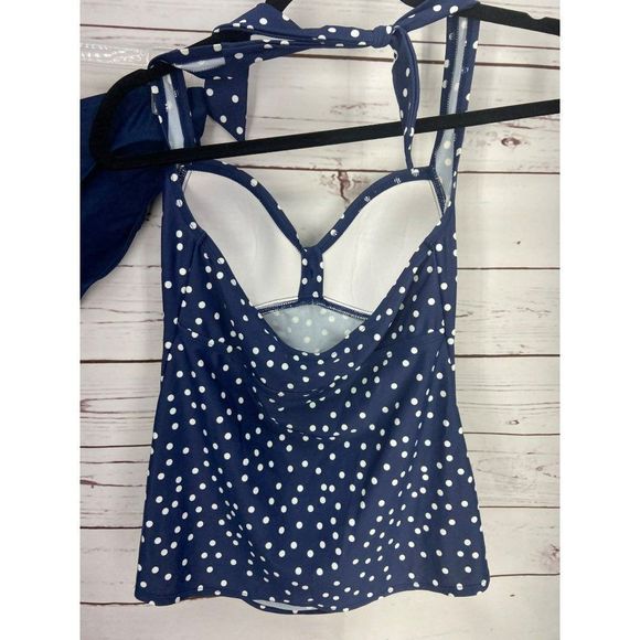 Merona Navy Blue Polka Dotted Size Medium 2 Piece Padded Tankini Swimsuit - Picture 7 of 8